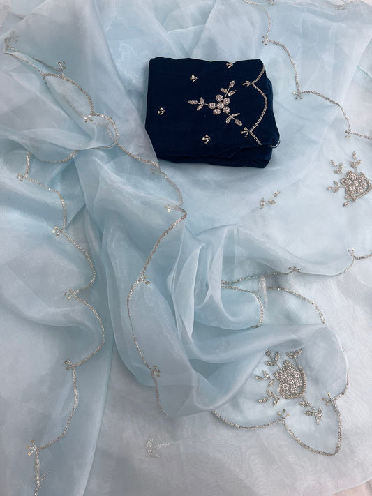 Organza saree with handwork