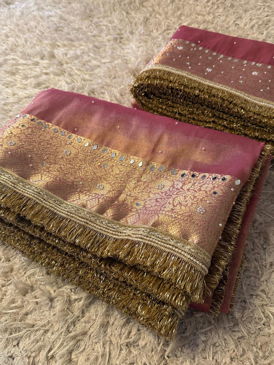 Glass Tissue Banarasi *Handwork* Stone, Mirror and Lace Work Saree