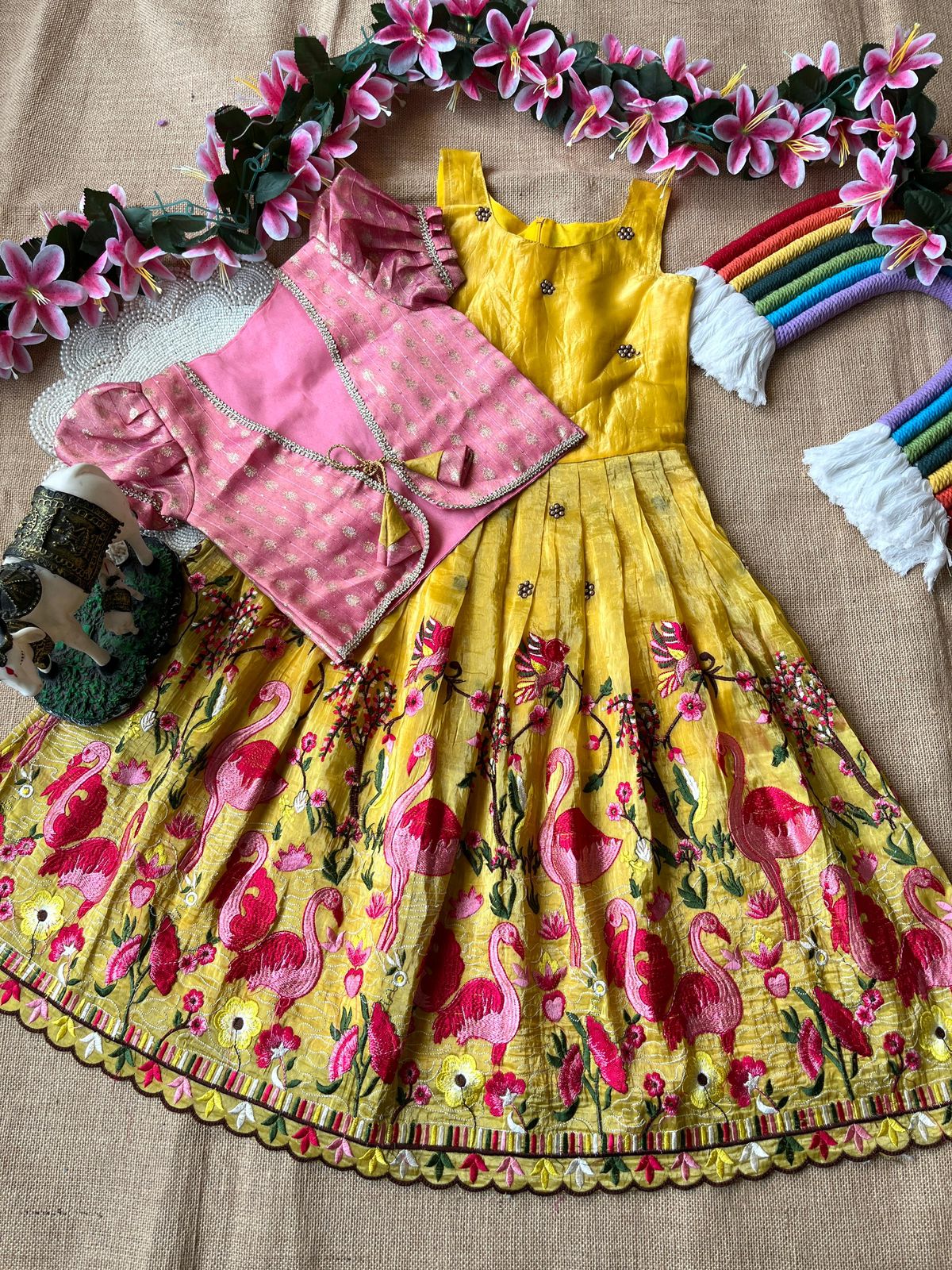Gold crush fabric with flamingo embroidery Gown