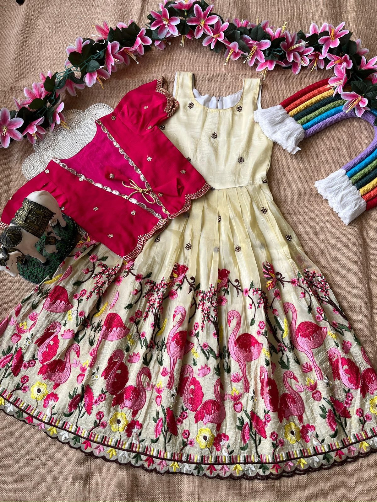 Gold crush fabric with flamingo embroidery Gown