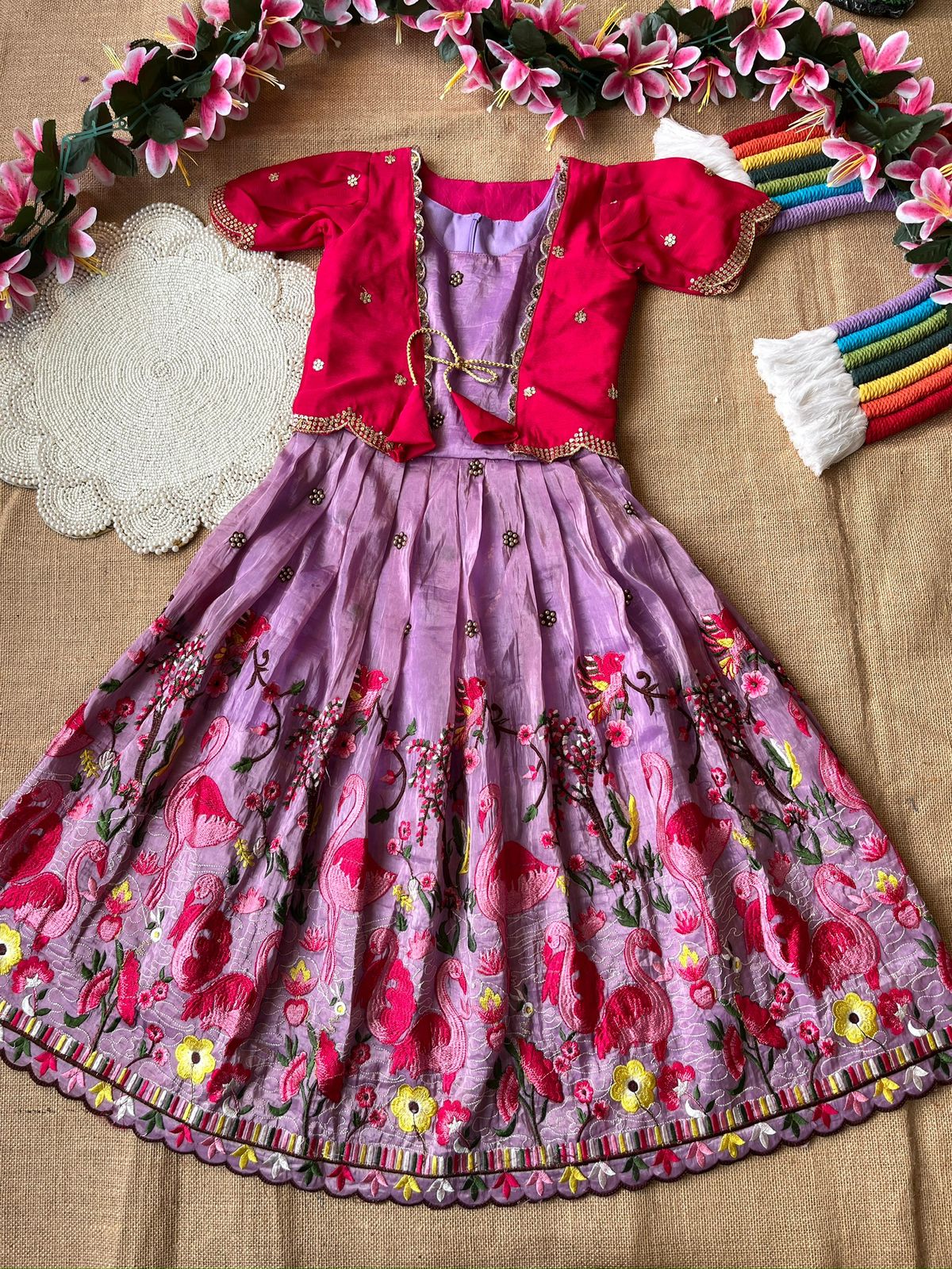 Gold crush fabric with flamingo embroidery Gown