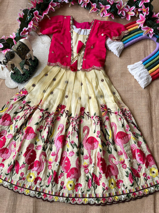 Gold crush fabric with flamingo embroidery Gown