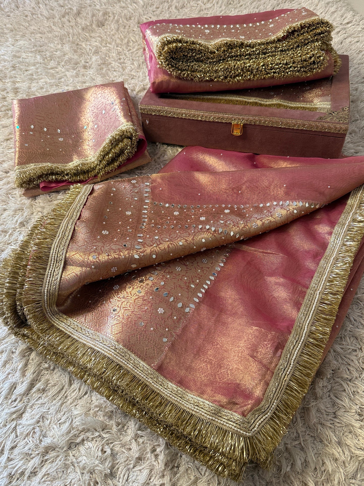 Glass Tissue Banarasi *Handwork* Stone, Mirror and Lace Work Saree