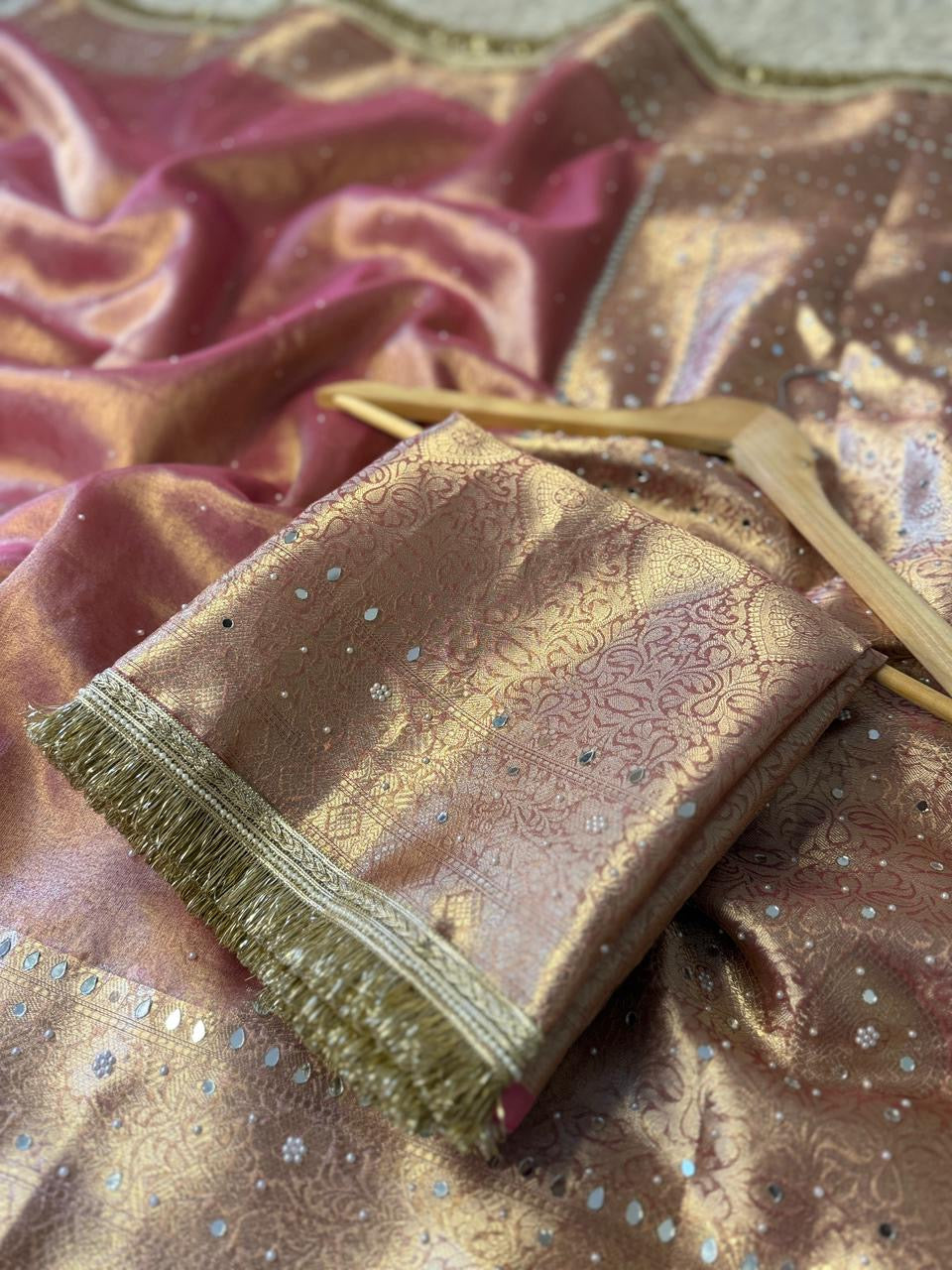 Glass Tissue Banarasi *Handwork* Stone, Mirror and Lace Work Saree