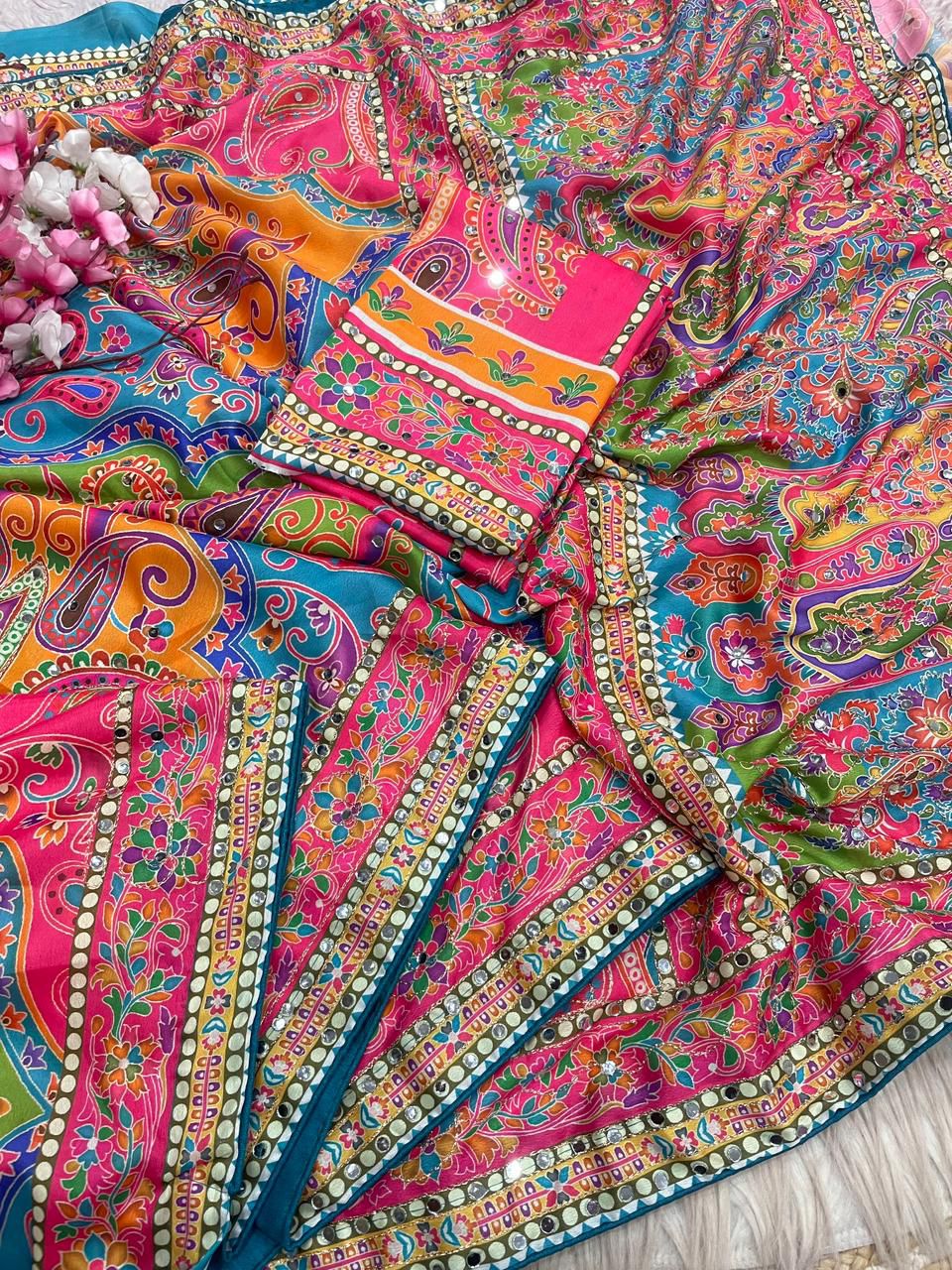 Soft Chinnon with beautiful print saree