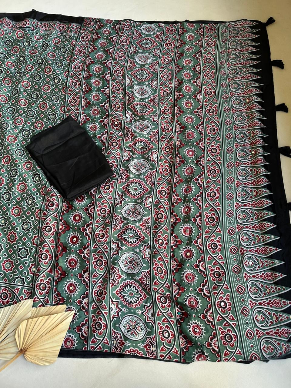 Ajrakh mirror work saree