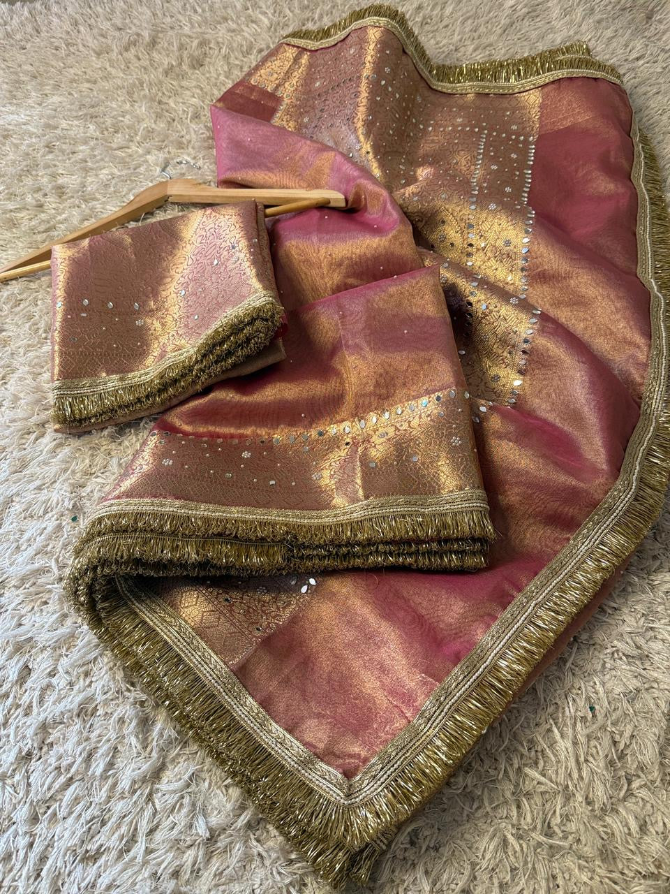 Glass Tissue Banarasi *Handwork* Stone, Mirror and Lace Work Saree