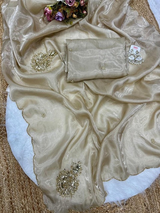 Satin silk saree with handwork