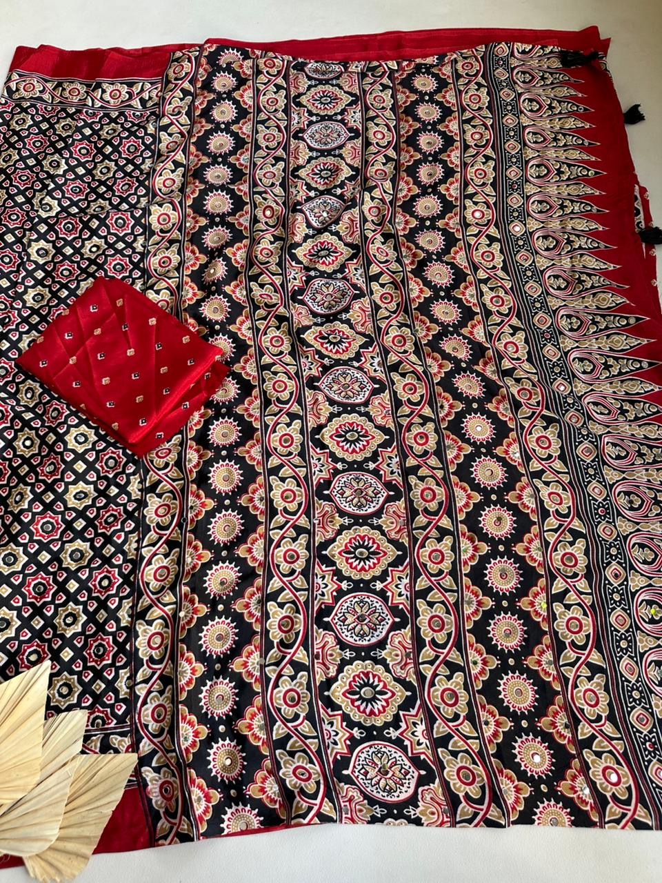 Ajrakh mirror work saree