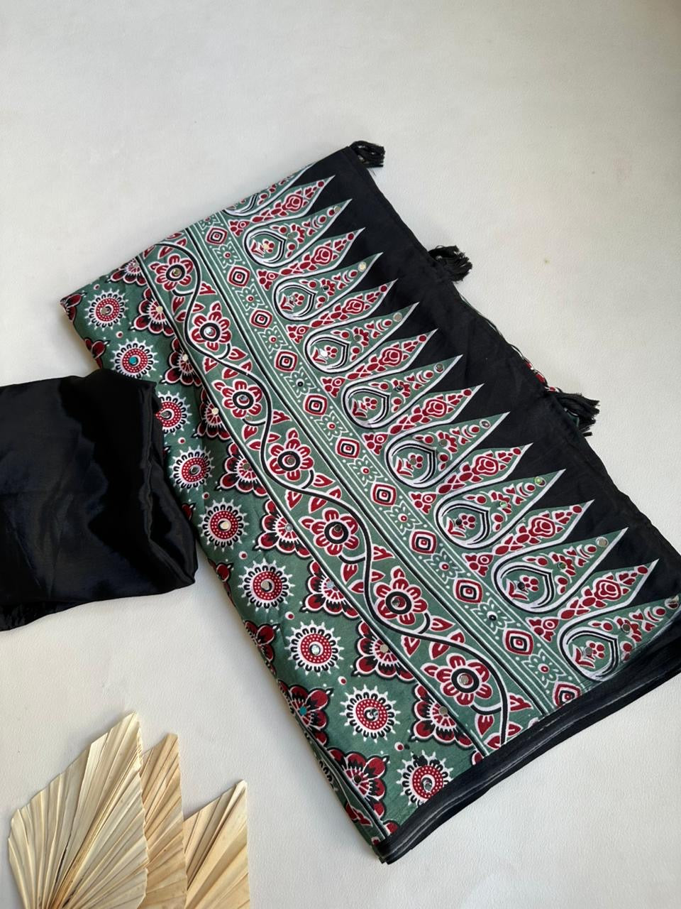 Ajrakh mirror work saree