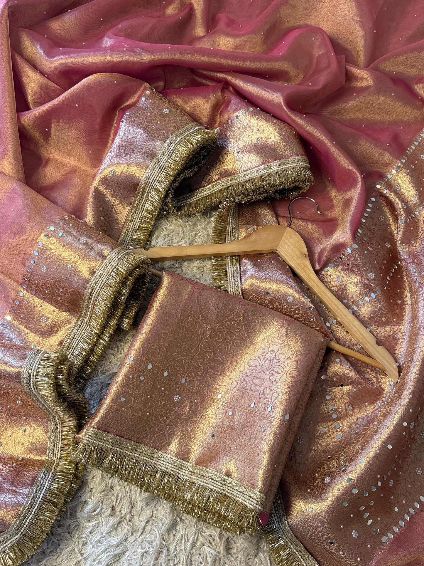 Glass Tissue Banarasi *Handwork* Stone, Mirror and Lace Work Saree