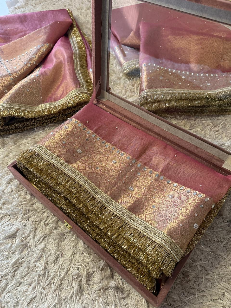 Glass Tissue Banarasi *Handwork* Stone, Mirror and Lace Work Saree