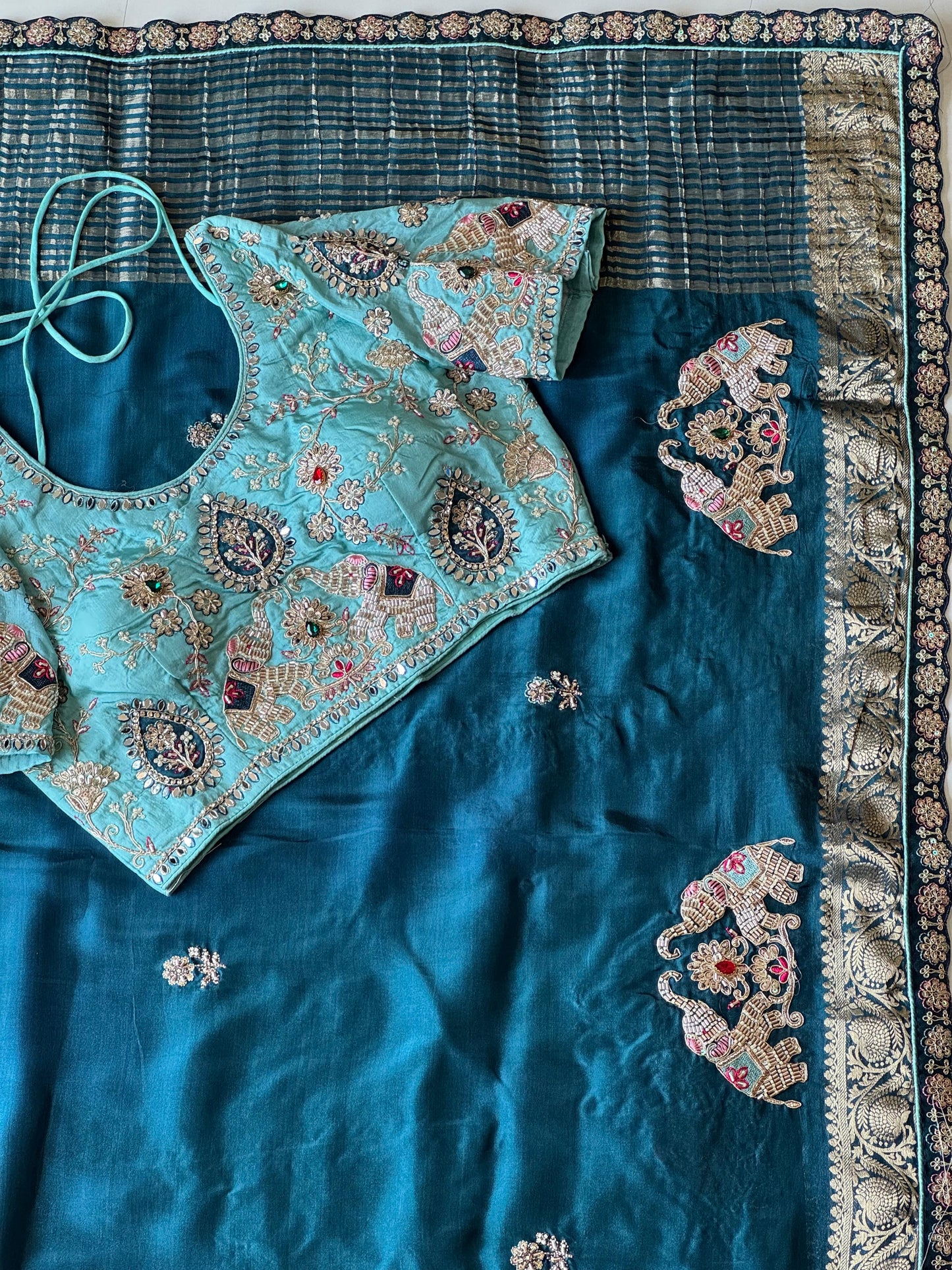 Dola silk saree with beads handwork of elephant