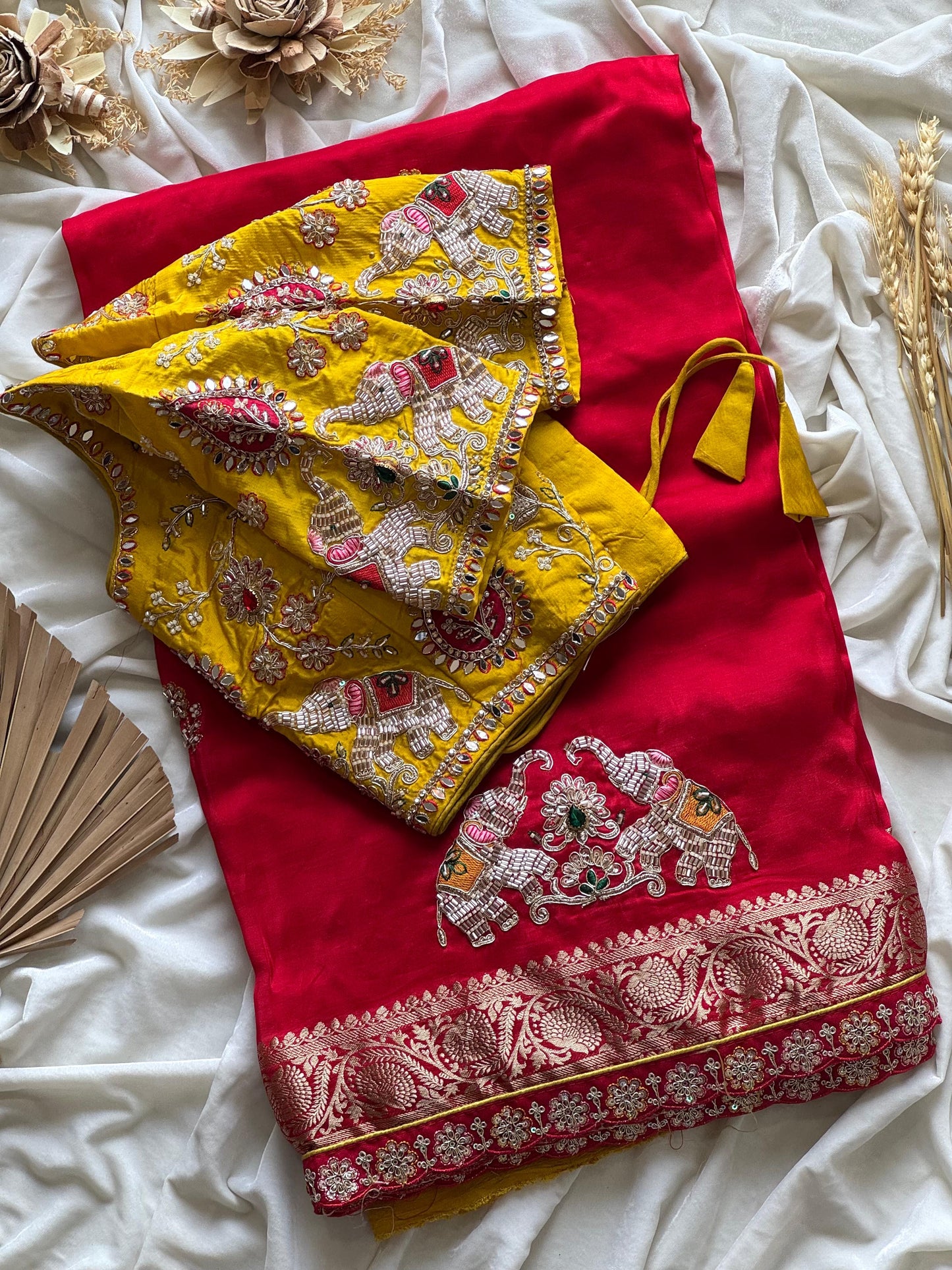 Dola silk saree with beads handwork of elephant