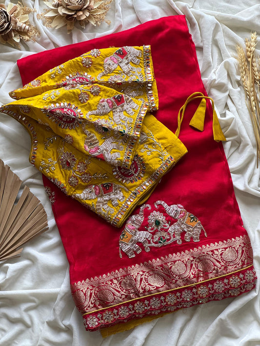 Dola silk saree with beads handwork of elephant