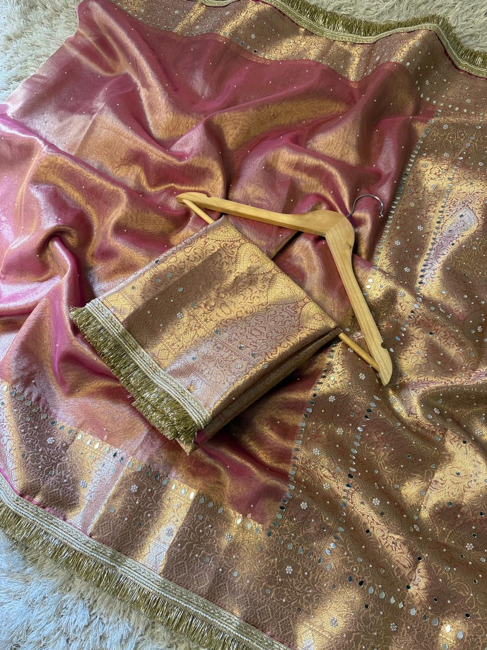 Glass Tissue Banarasi *Handwork* Stone, Mirror and Lace Work Saree