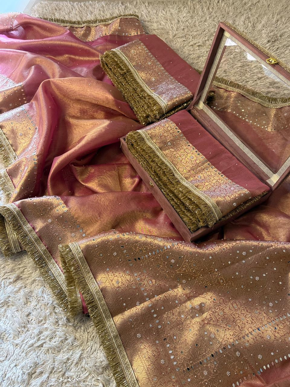 Glass Tissue Banarasi *Handwork* Stone, Mirror and Lace Work Saree