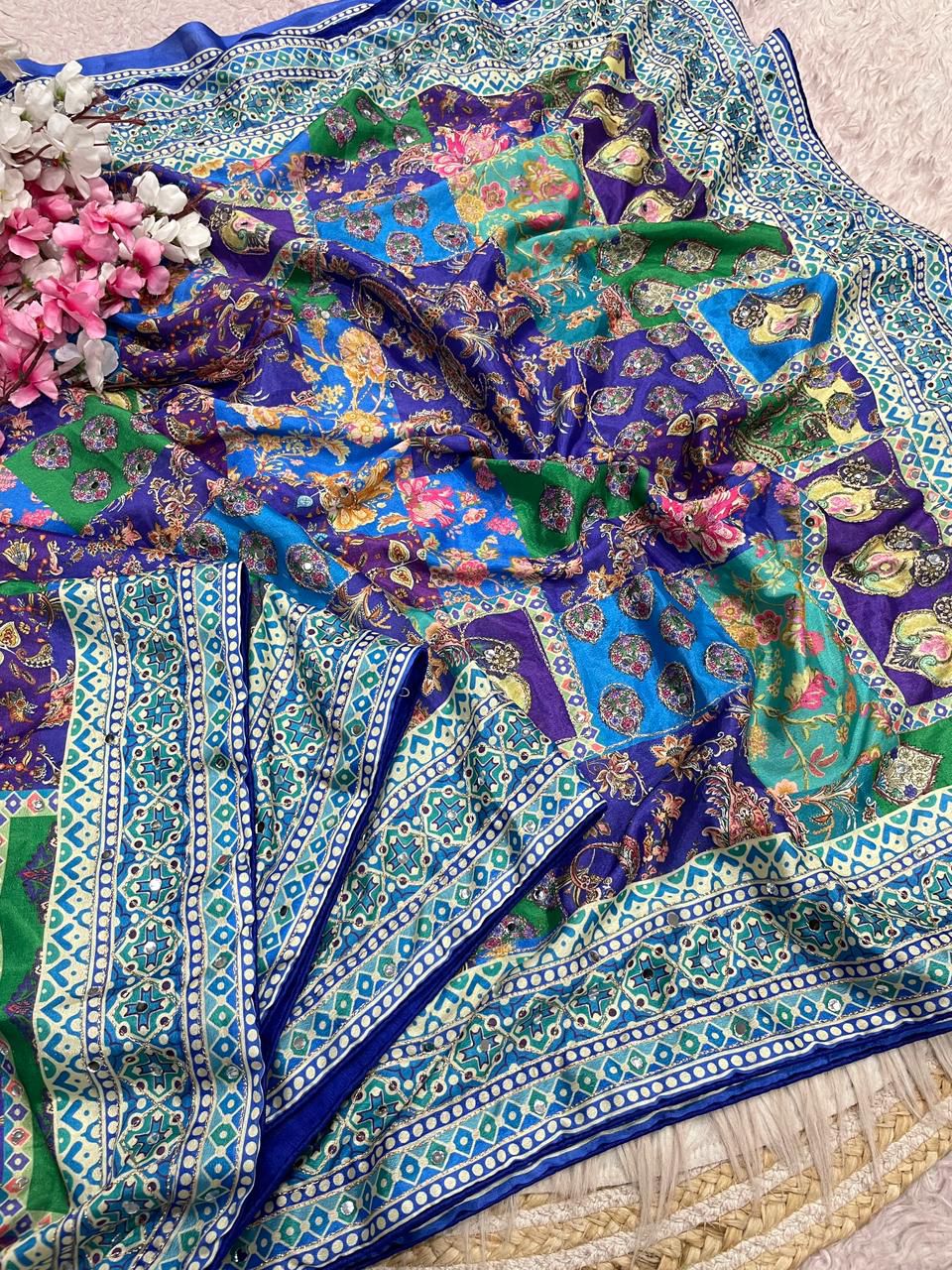 Soft Chinnon with beautiful print saree
