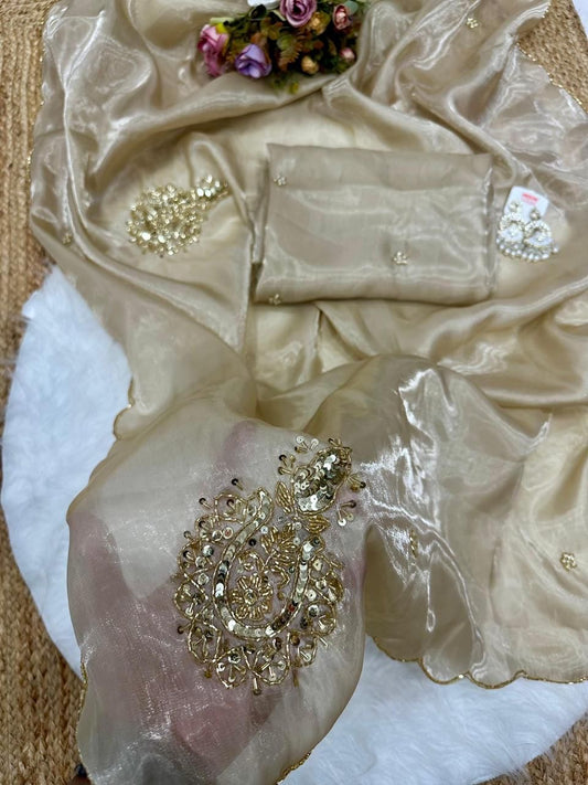 Satin silk saree with handwork