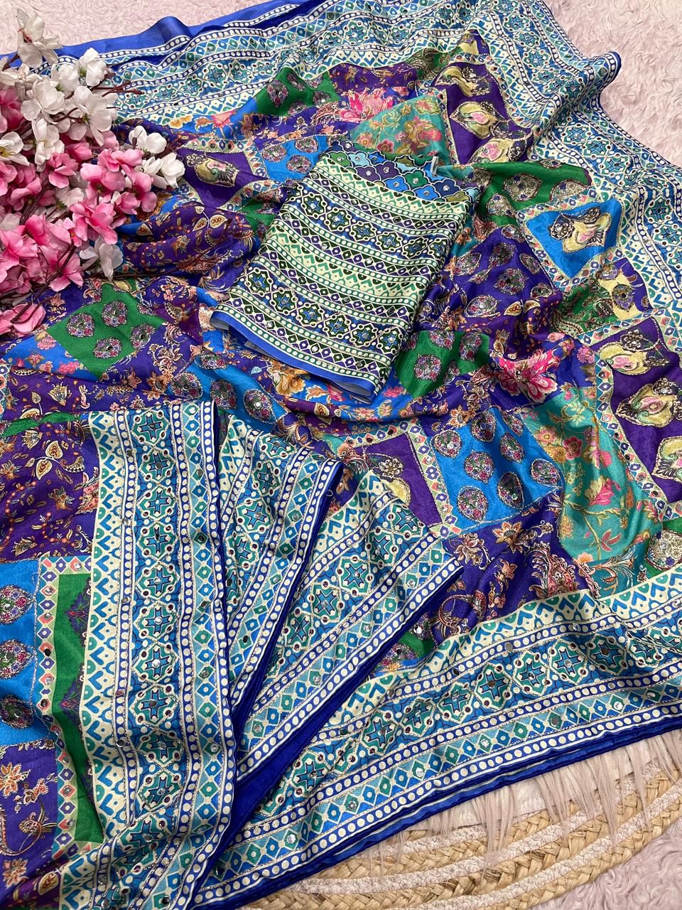 Soft Chinnon with beautiful print saree