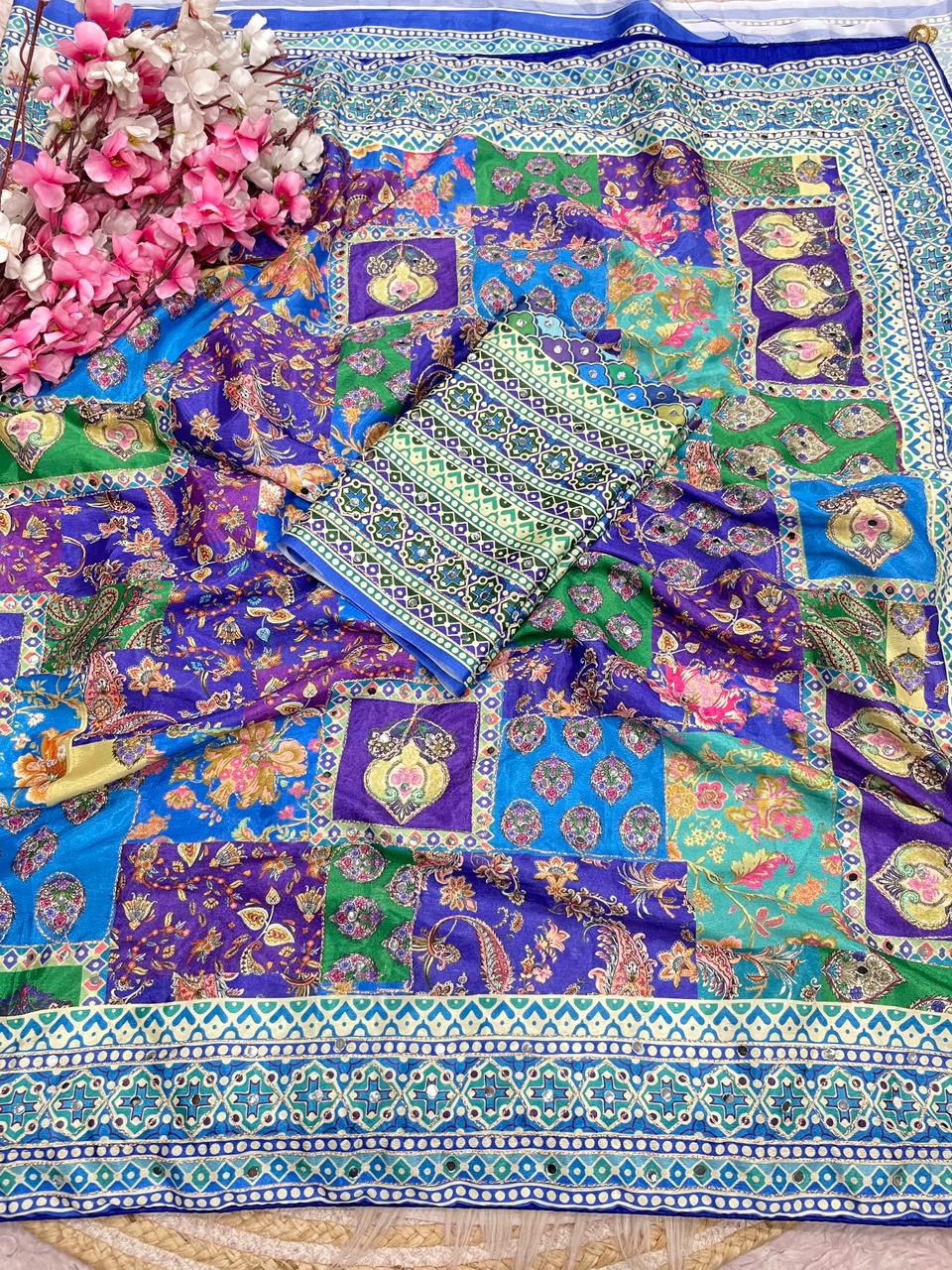 Soft Chinnon with beautiful print saree