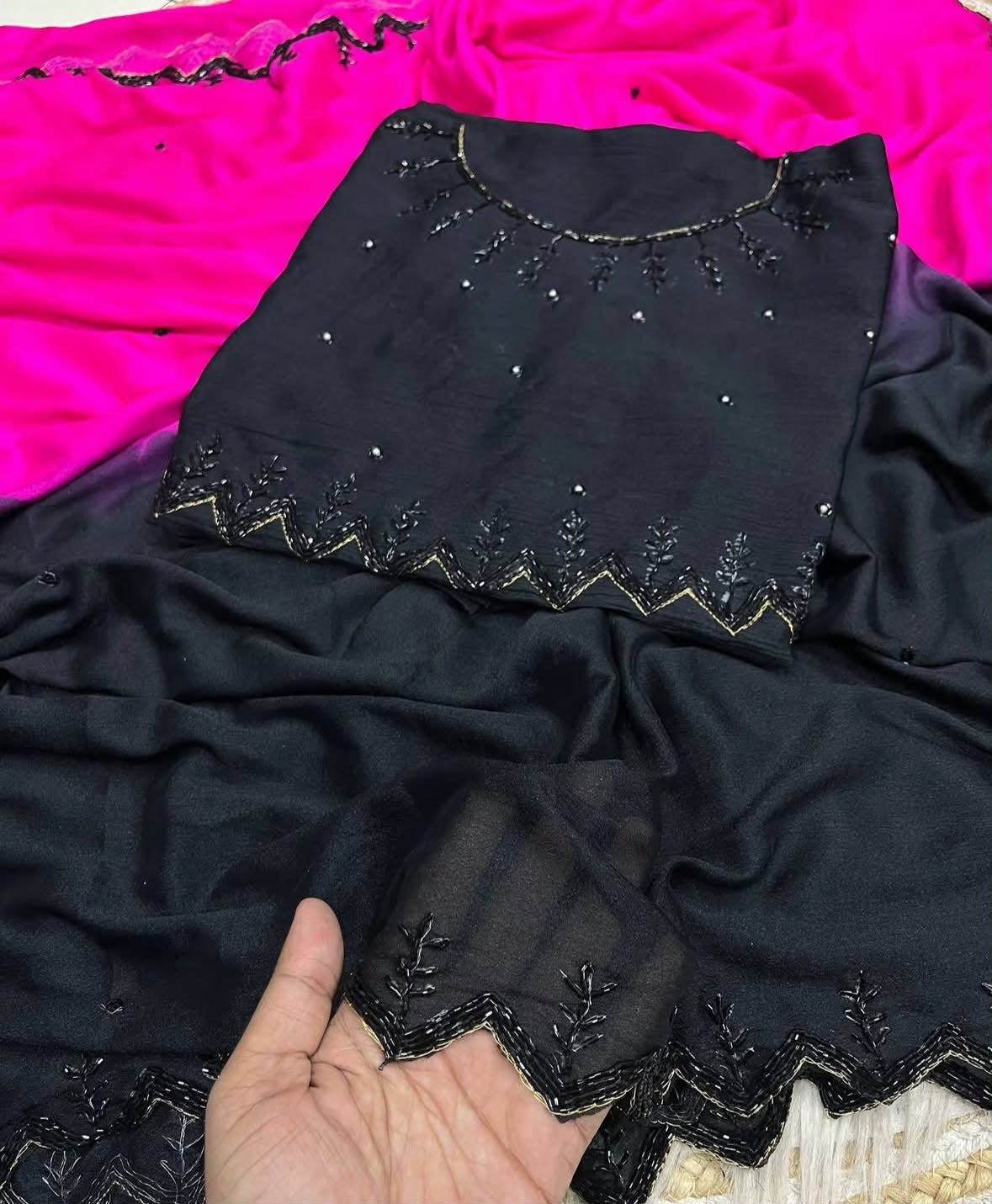 viscose chinnon saree with beautiful cutdana buttis