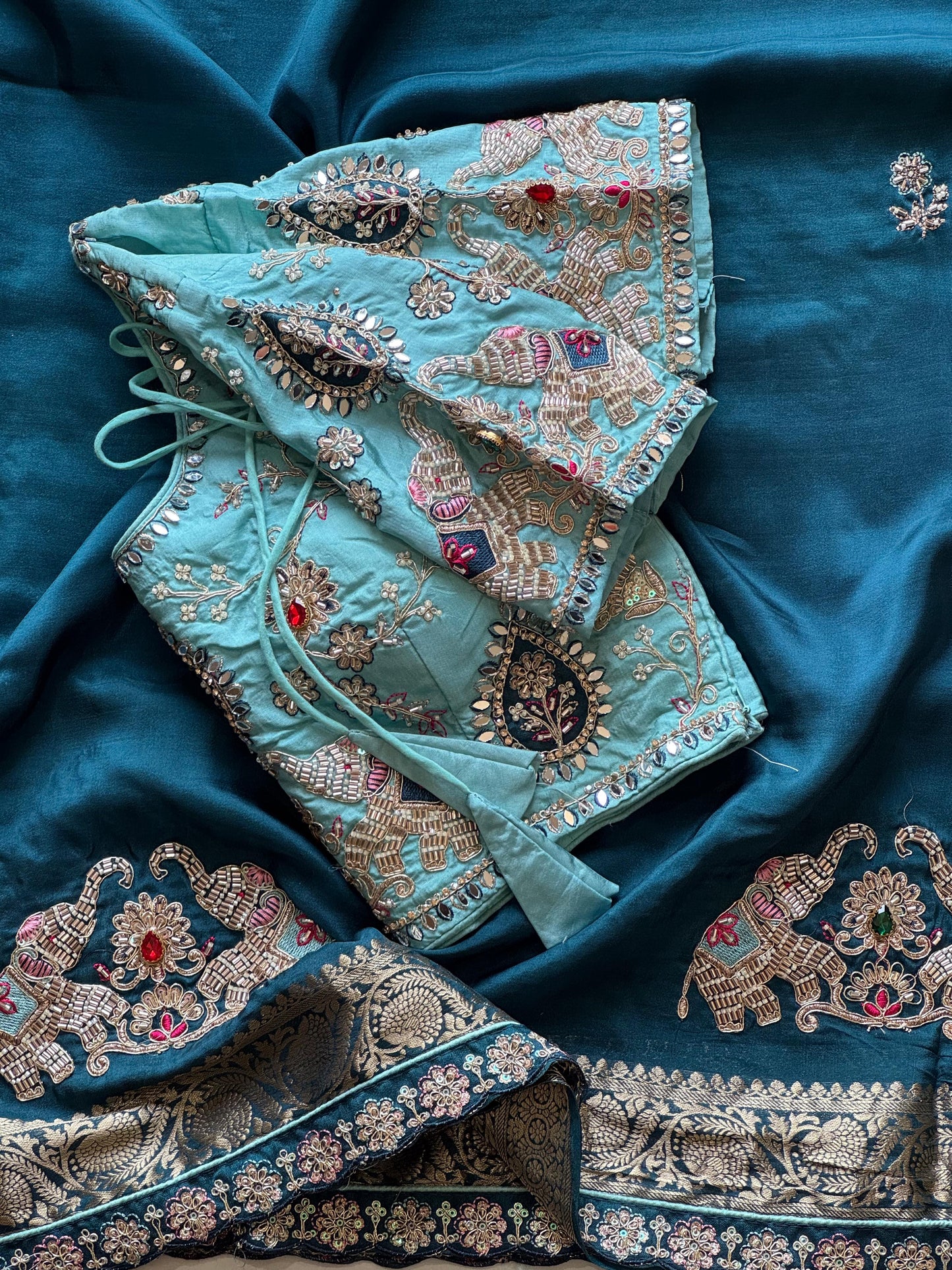 Dola silk saree with beads handwork of elephant