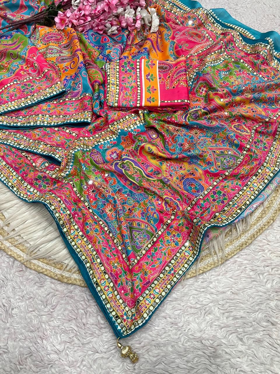 Soft Chinnon with beautiful print saree