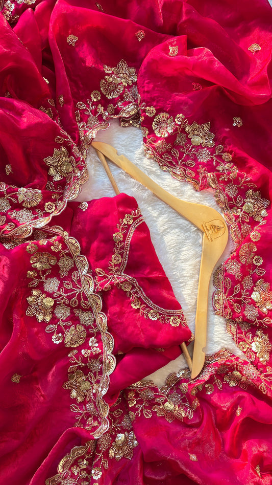 Beautiful satin silk saree with beads work