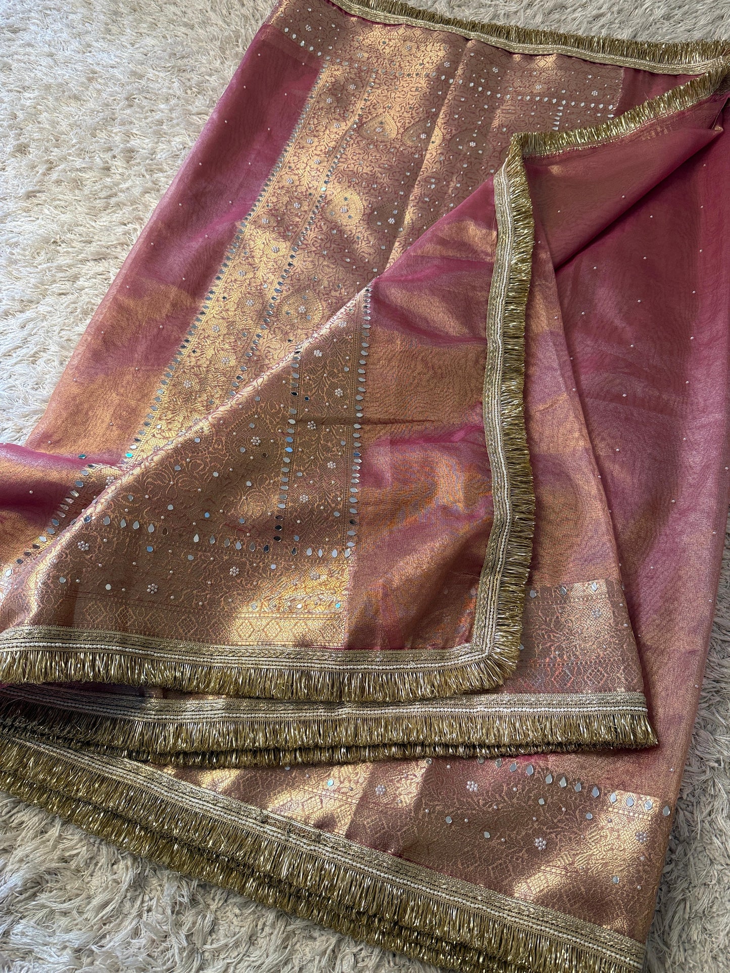 Glass Tissue Banarasi *Handwork* Stone, Mirror and Lace Work Saree