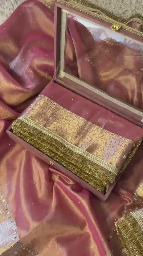 Glass Tissue Banarasi *Handwork* Stone, Mirror and Lace Work Saree