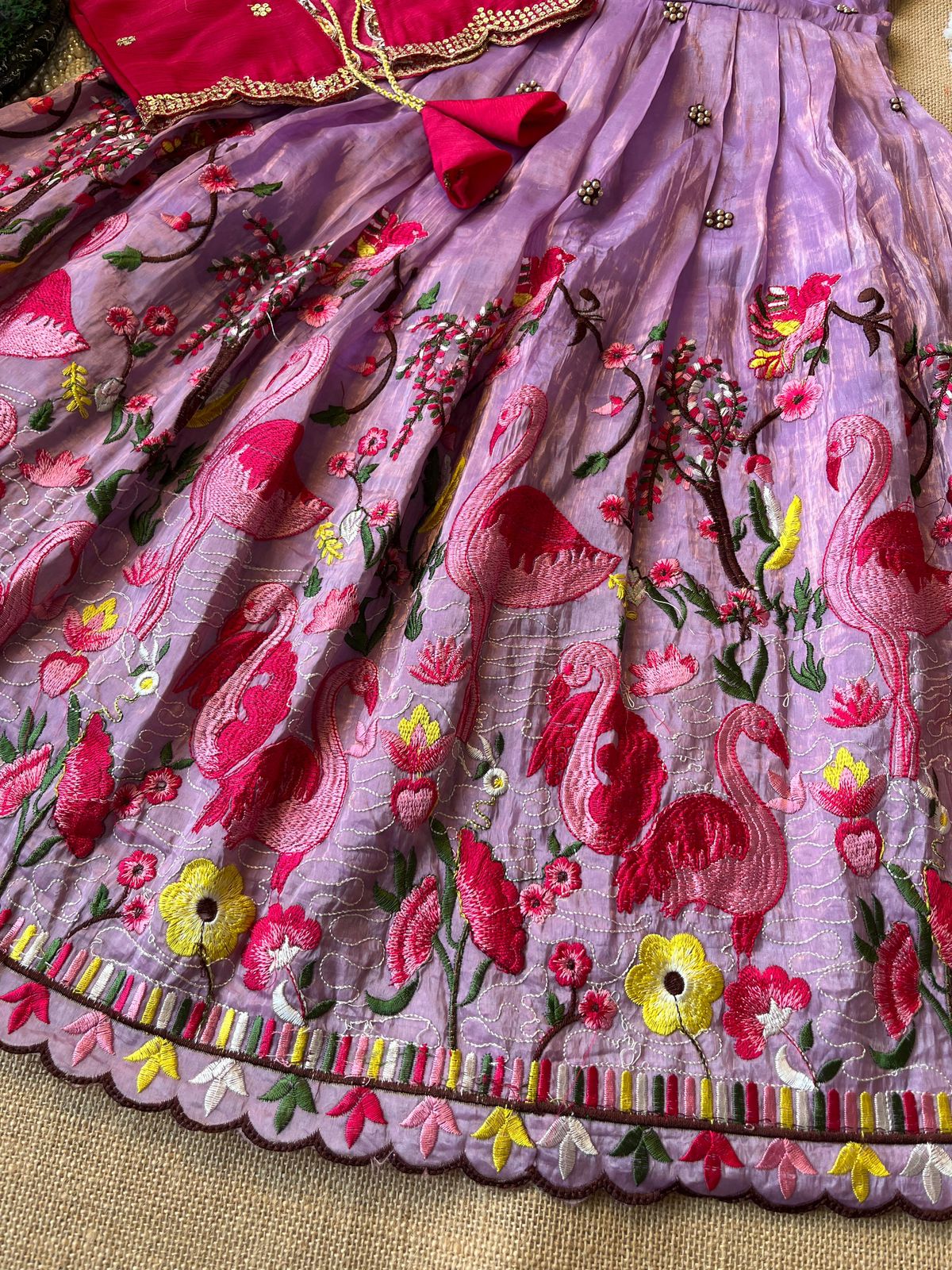 Gold crush fabric with flamingo embroidery Gown