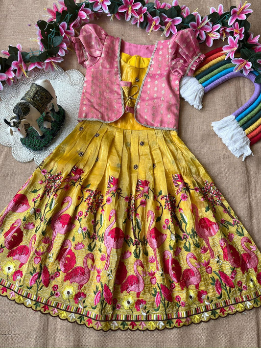 Gold crush fabric with flamingo embroidery Gown