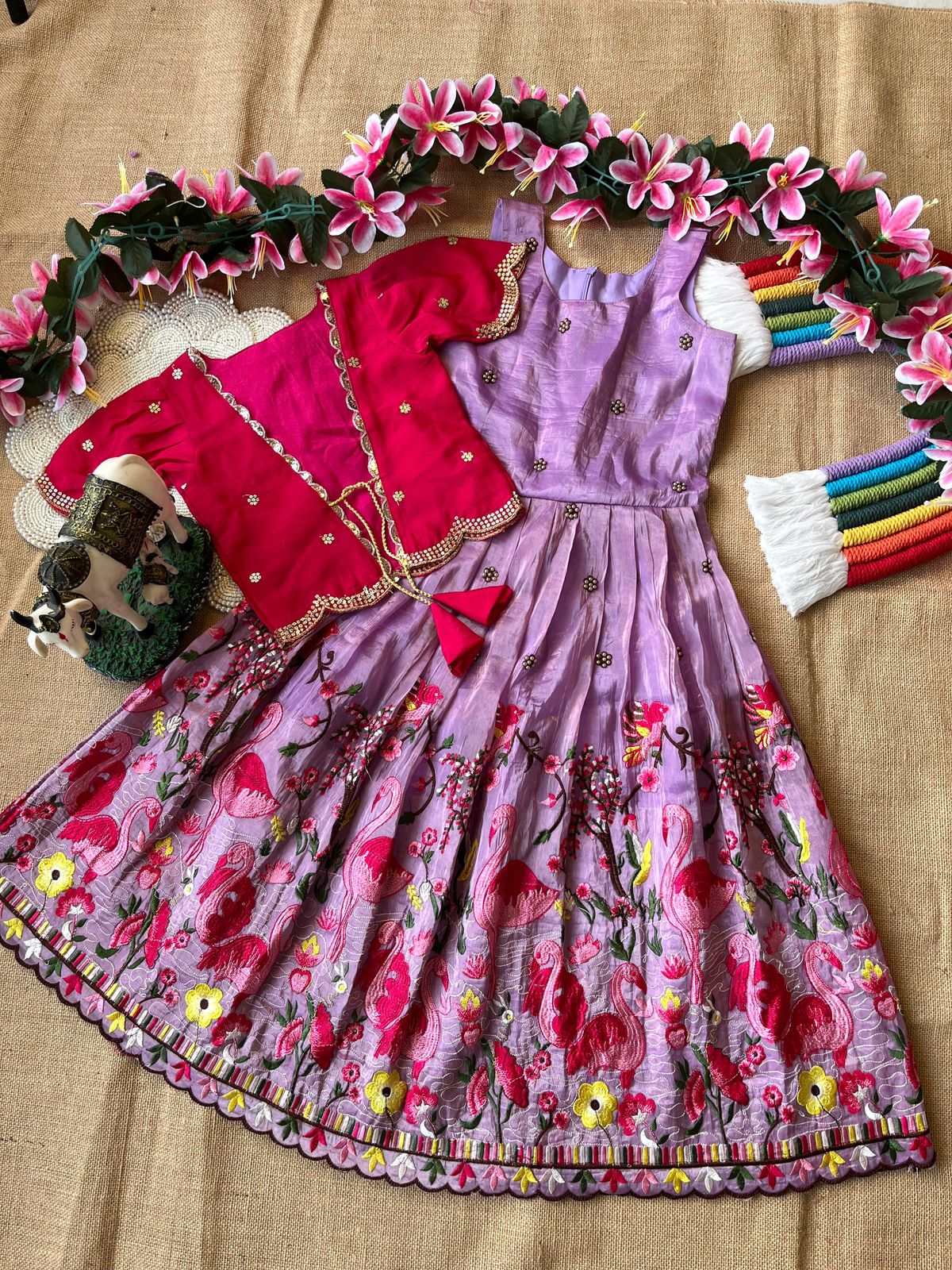 Gold crush fabric with flamingo embroidery Gown