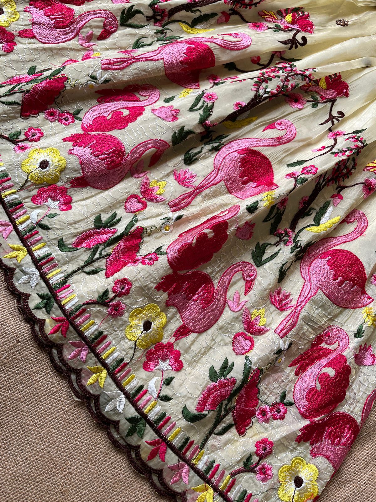 Gold crush fabric with flamingo embroidery Gown