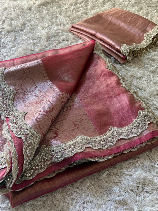 Banarasi Glass Plain Tissue Border Soft Saree