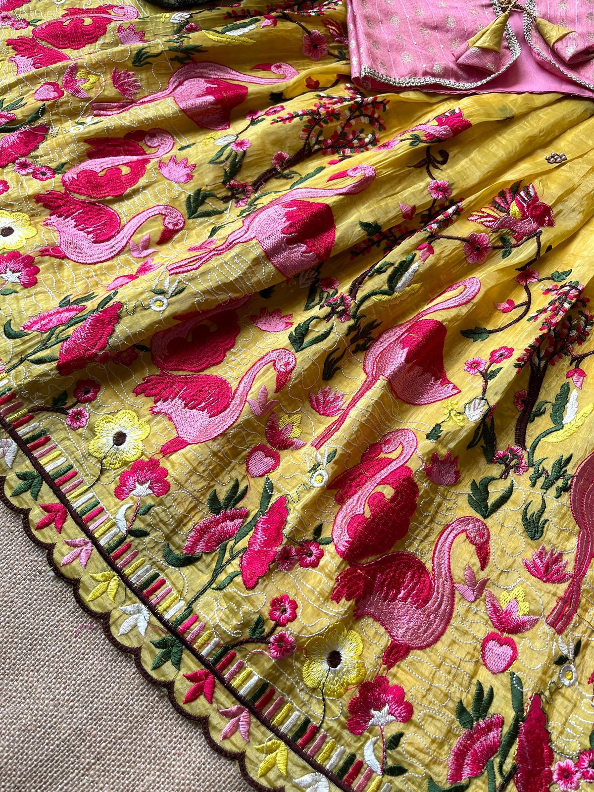 Gold crush fabric with flamingo embroidery Gown